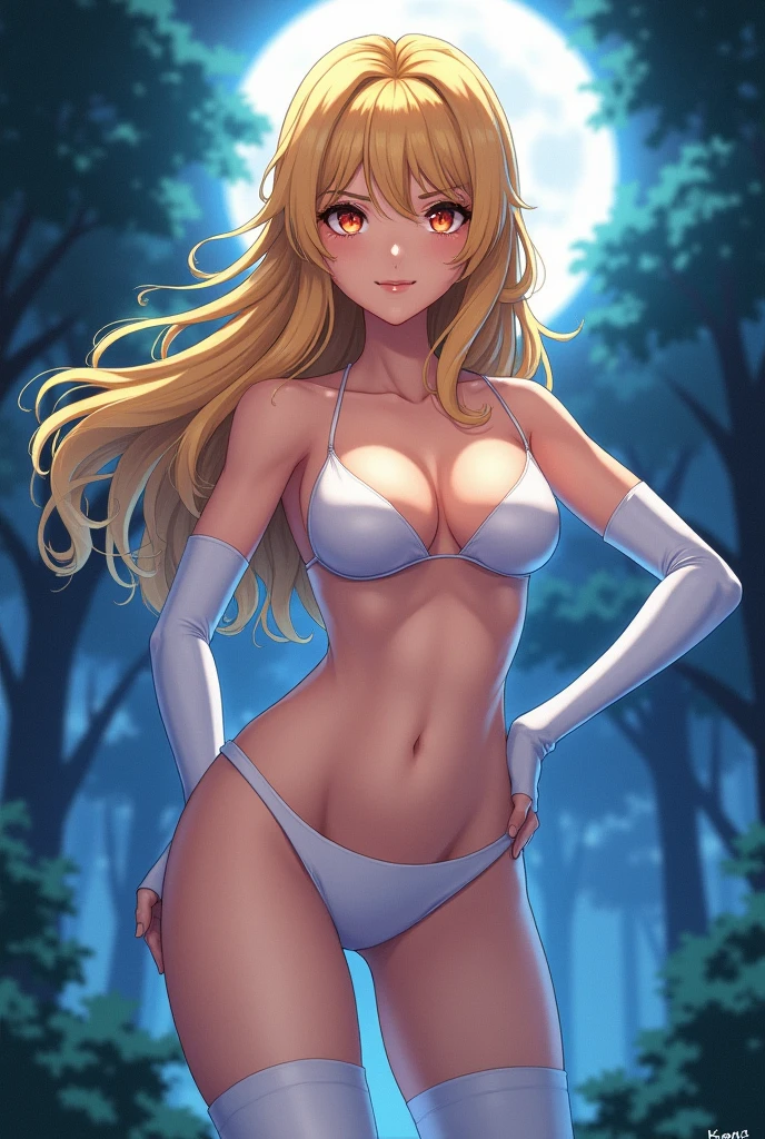 Izayoi Seishin artstyle, (score_9, score_8_up, score_7_up), (best quality, masterpiece),perfect anatomy,(aesthetic,very aesthetic),official style, (ultra-high resolution), 1girl, Nina, breath of fire,(beautiful woman).tareme, blonde hair, long hair, red eyes, bangs, topless nude, underware white panty, thighhighs, elbow fingerless gloves,  navel, (front view),straight-on,(large_breasts:1.2),Solo,mediumshot,looking_at_viewer,contrapposto, vibrant, joyful, forest night time