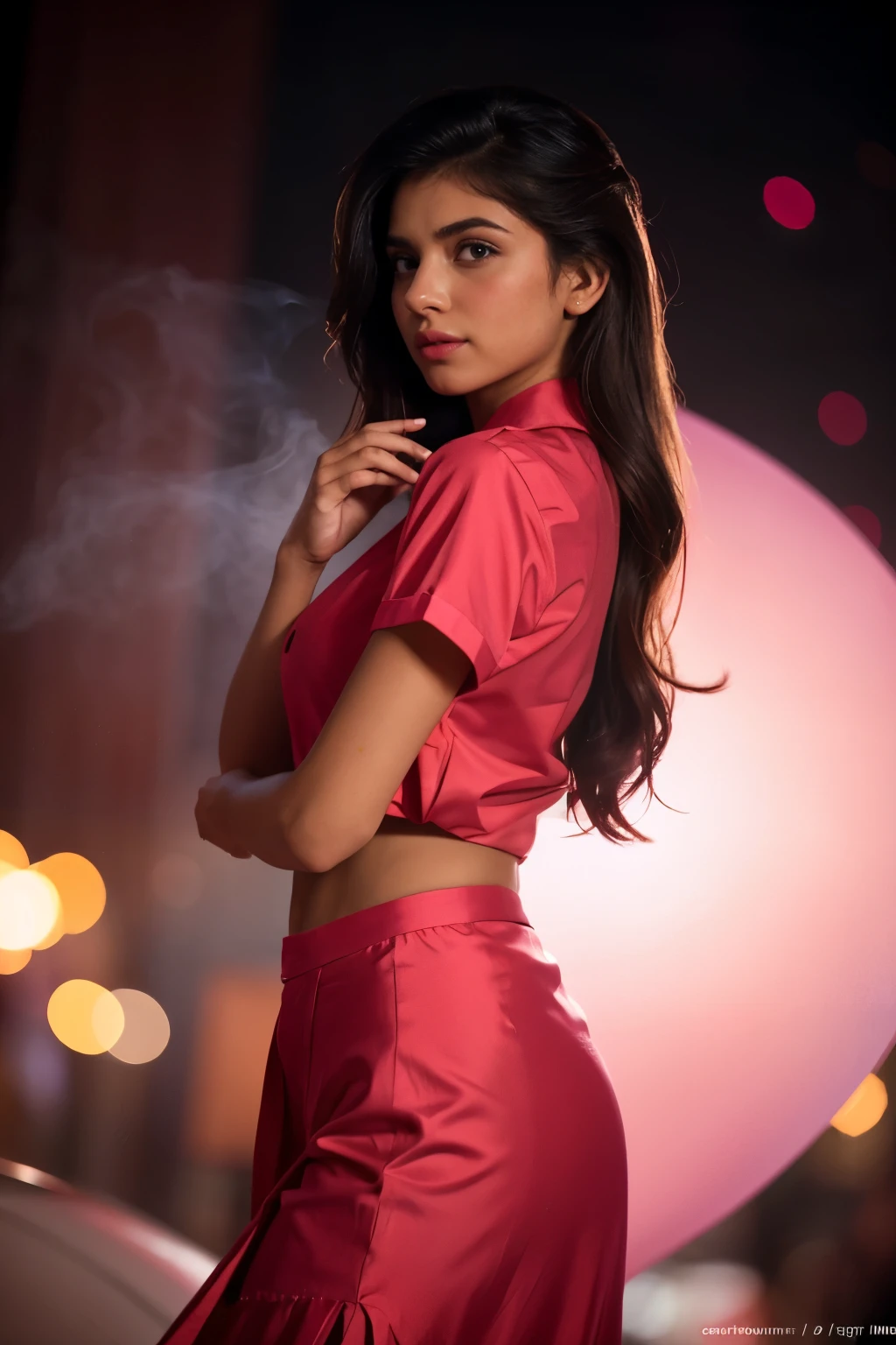An indian Instagram model, wearing a red blue satin shirt and pants in a elegant looks, d size, elegant pose, in a pink background, rim light, warm lights, smoke, long glazing hair, spotlight illumination, rich shadows, sparkling bokeh, exquisite details, high-resolution, 35mm film, timeless elegance