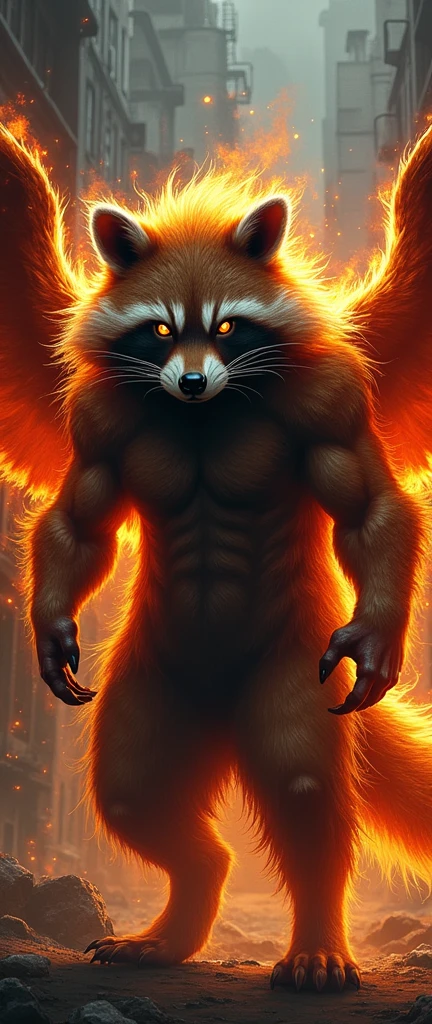 A captivating photograph of a cute extra fluffy baby realistic raccoon Dark flame themed, lord, dark metal, full muscle body, fire wings, powerty, strong, epic, cinematic, illustration, photo, product, dark fantasy, vibrant, graffiti