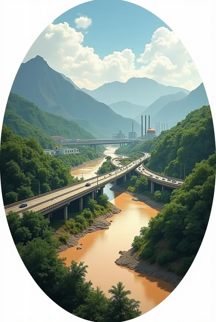 Create a circular badge. In the lower right corner of the circle, place the Paraíba do Sul River, full and with muddy water.. In the middle of the circle, from the bottom to the top, place the Highway with cars following the river in the same direction. In the lower left corner, place a Factory that is clearly highlighted.. In the upper part of the inner circle place the mountains of the peak of the black needles. In the lower left corner of the inside of the circle place the round hemlock forest. Make the image less oval.