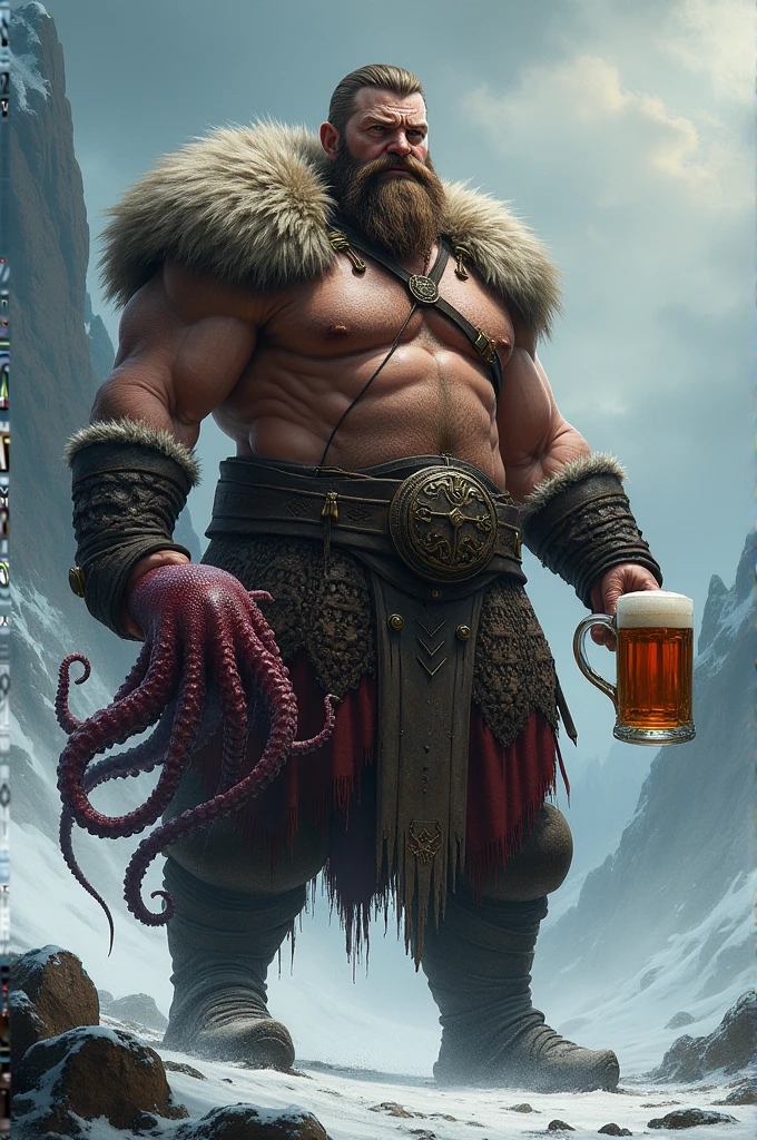 Strong Viking with an octopus in one hand and a mug of beer in the other
