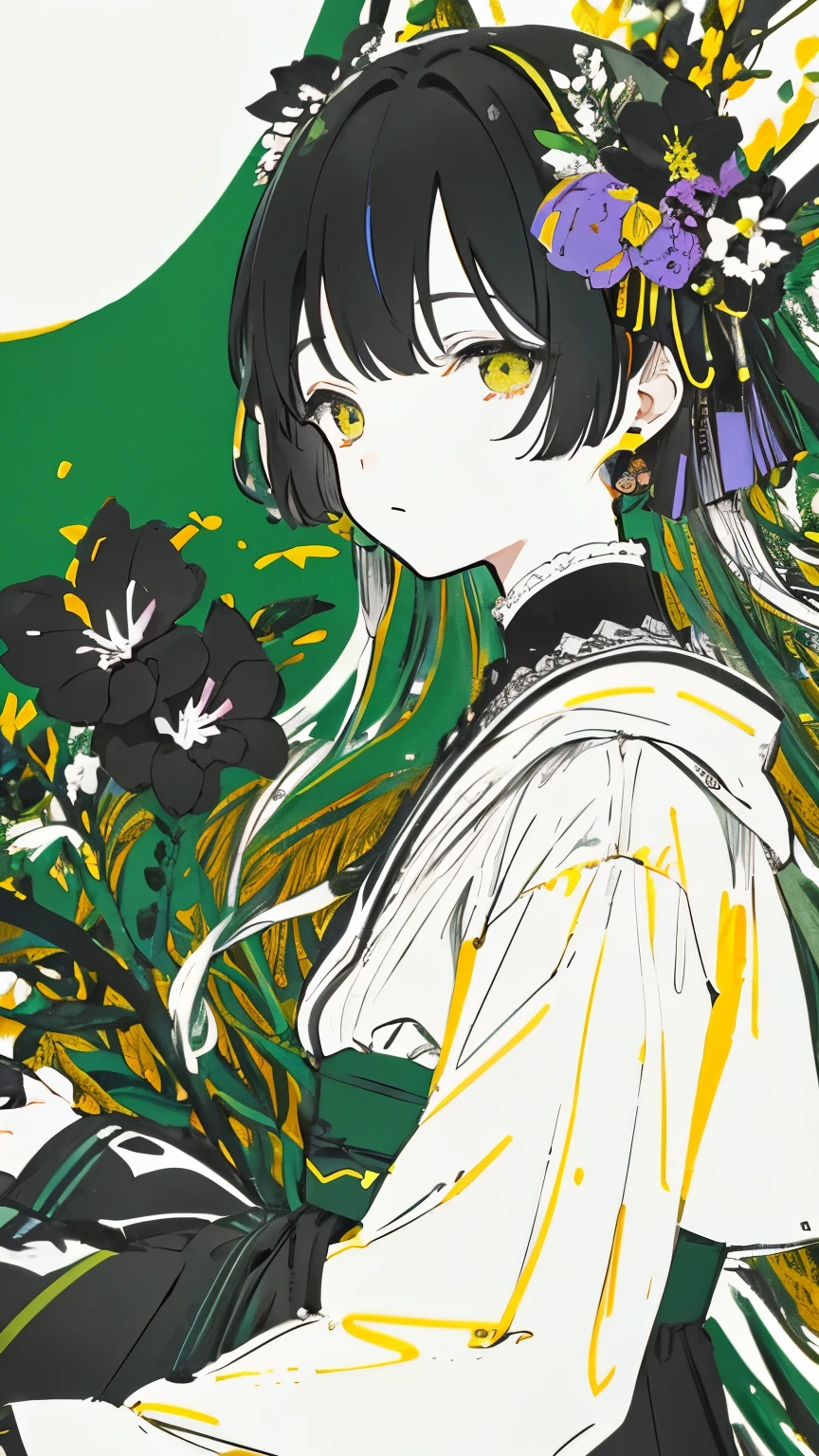 teacher、limited palette、colourfull、landscapes、Woman in wedding dress、the woods、natta、black flowers、black leaves、Detailed background、​masterpiece、top-quality、