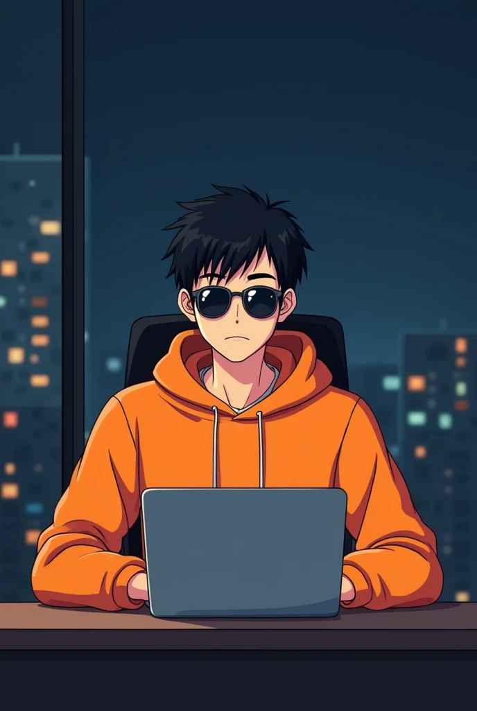 ANIME FRIENDLY LOOKING MALE BUSINESS CHARACTER, A ORANGE HOODIE AND SUNGLASSES. HE IS SITTING BEHIND HIS LAPTOP IN HIS OFFICE, ARMS ON HIS DESK. IT IS NIGHT. THE ROOM HAS VOLUMETRIC
LIGHTING. HE IS FRONT FACING TO THE CAMERA, LOOKING STRAICHT AND CENTERED, CENTRAL PORTRAIT, SITTING STRAIGHT, FRONT VIEW, CENTERED LOOKING STRAIGHT. THE OVERALL AMBIANCE OF THE IMAGE SHOULD CONVEY A CONNECTION TO MINIMALISM, FLAT ILLUSTRATION, BOLD LINE, MINIMALISM, SIMPLIFIED, GOUACHE ILLUSTRATION. 8K RESOLUTION