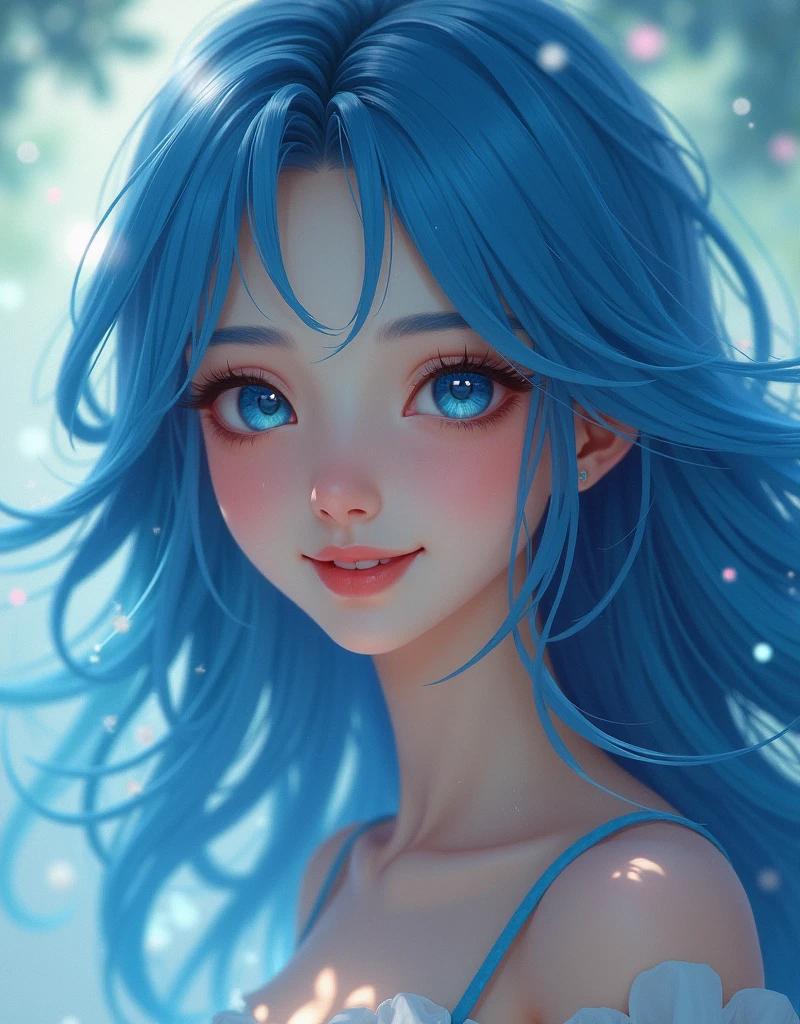 One girl, Long Hair, smile, Blue Hair
