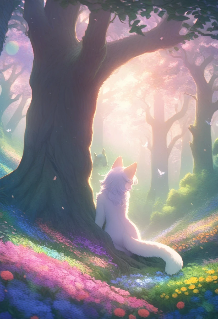 ((Masterpiece)), ((Best Quality)), (Very Detailed), ((Very Detailed)), 4K, (8K), very aesthetic, absurdres highres, 1 woman, (anthropomorphic cat, furry, kemono:1.5), In a fuzzy forest bathed in the misty morning light, fluffy trees stand tall, and a colorful flower field stretches out. Among the deep green, pastel-colored pink and blue flowers bloom vibrantly, with tiny fairies flitting around to sip nectar. Fluffy cats run freely through the forest, their fur shining in the soft backlight. Vines entangle the fuzzy tree trunks, becoming playful spots for the cats to explore.