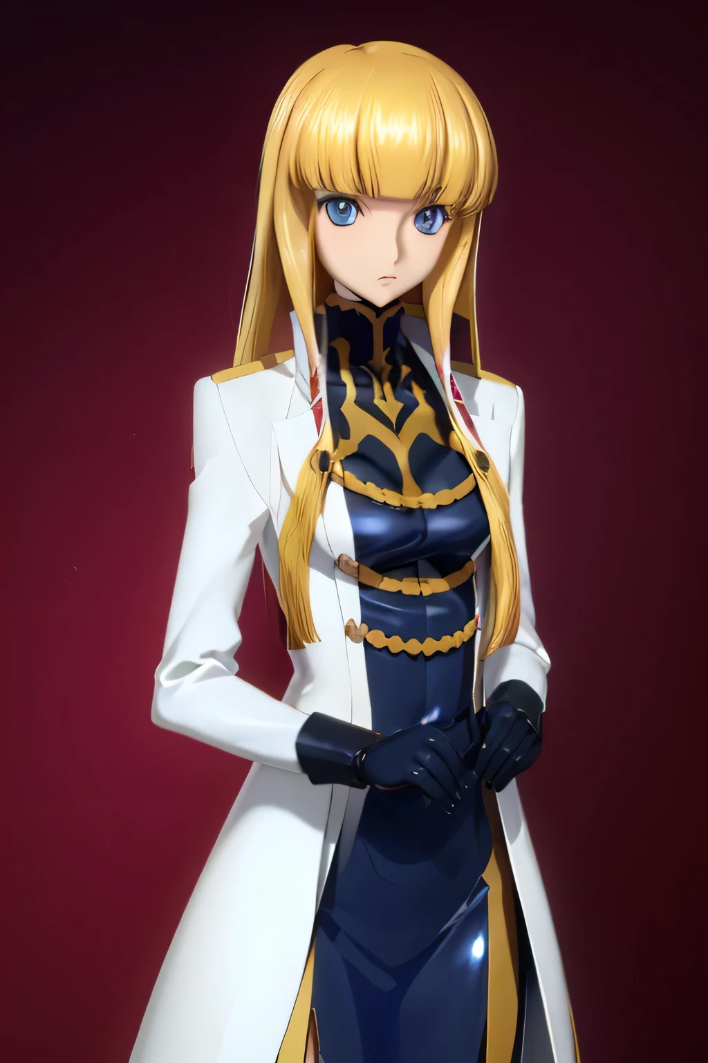 Highest quality,Highest Resolution,(((Blue shiny military uniform　Blonde　dark blue eyes)))　Code Geass　Monica　long hair　straight　expressionless　flat chest　woman　cool