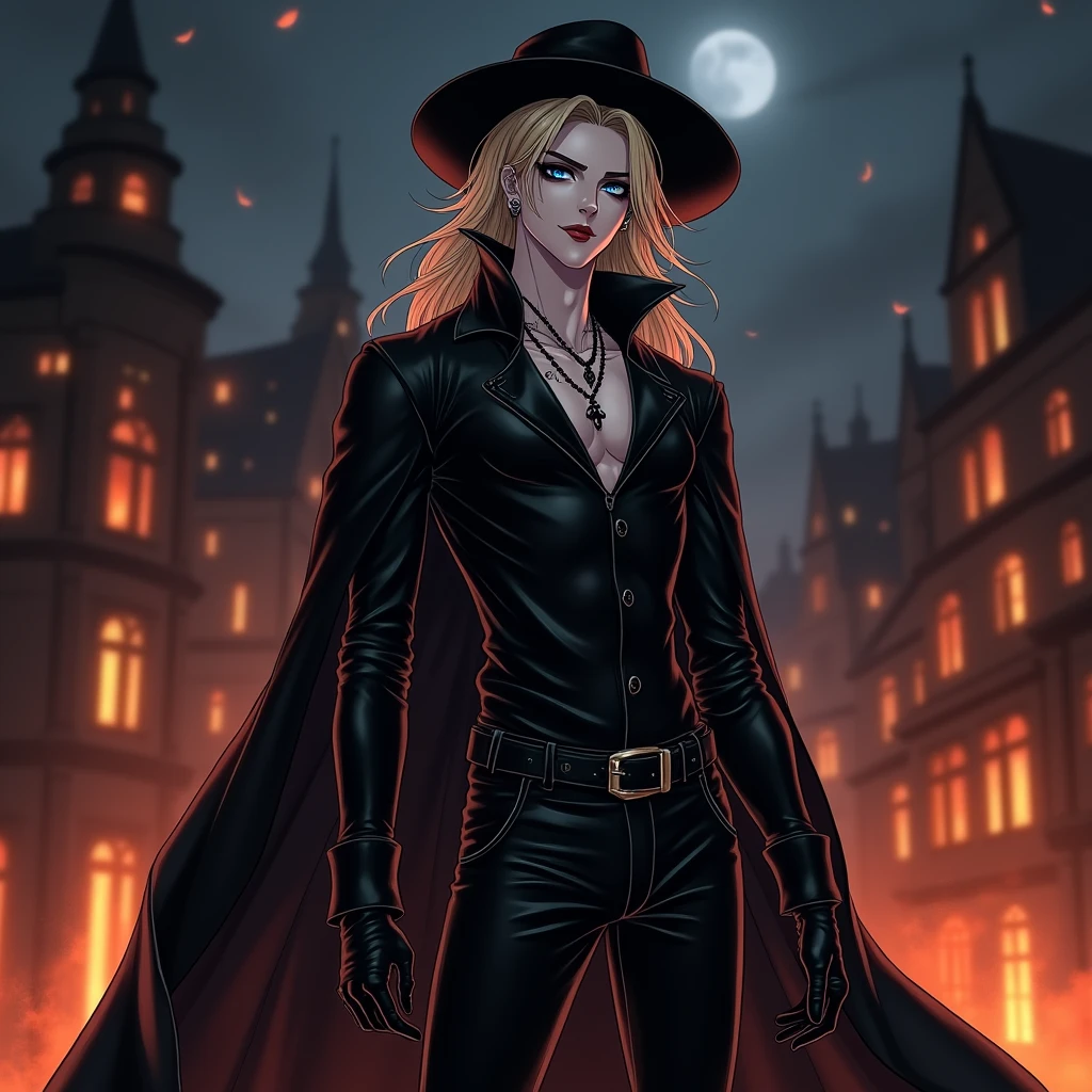 a male, with long dirty blonde hair, Blue eyes, long lashes, delicate features, spooky makeup, a black hat, black gloves, and sexy black clothes. blood splatter. Absolute God. Mysterious. midnight. Anime style. Sexy. Smirking mischievously. Red lips. Black eyeliner. With lip ring piercing.Very tight and thin clothes. Shiny. Leather. Dark. (((masterpiece)) ((pretty well drawn)) ((attractive features)) (excellent quality) ((lip ring piercing) A black hat. Black earrings. Necklace. Sexy. Glowing colors. (Sexy pose) ((Hot male)) Ring lip piercing. Long black leather boots. Long black swaying coat. Burning down a village.