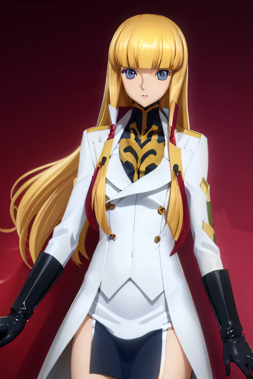 Highest quality,Highest Resolution,(((Blue shiny military uniform　Blonde　dark blue eyes)))　Code Geass　Monica　long hair　straight　expressionless　flat chest　woman　cool