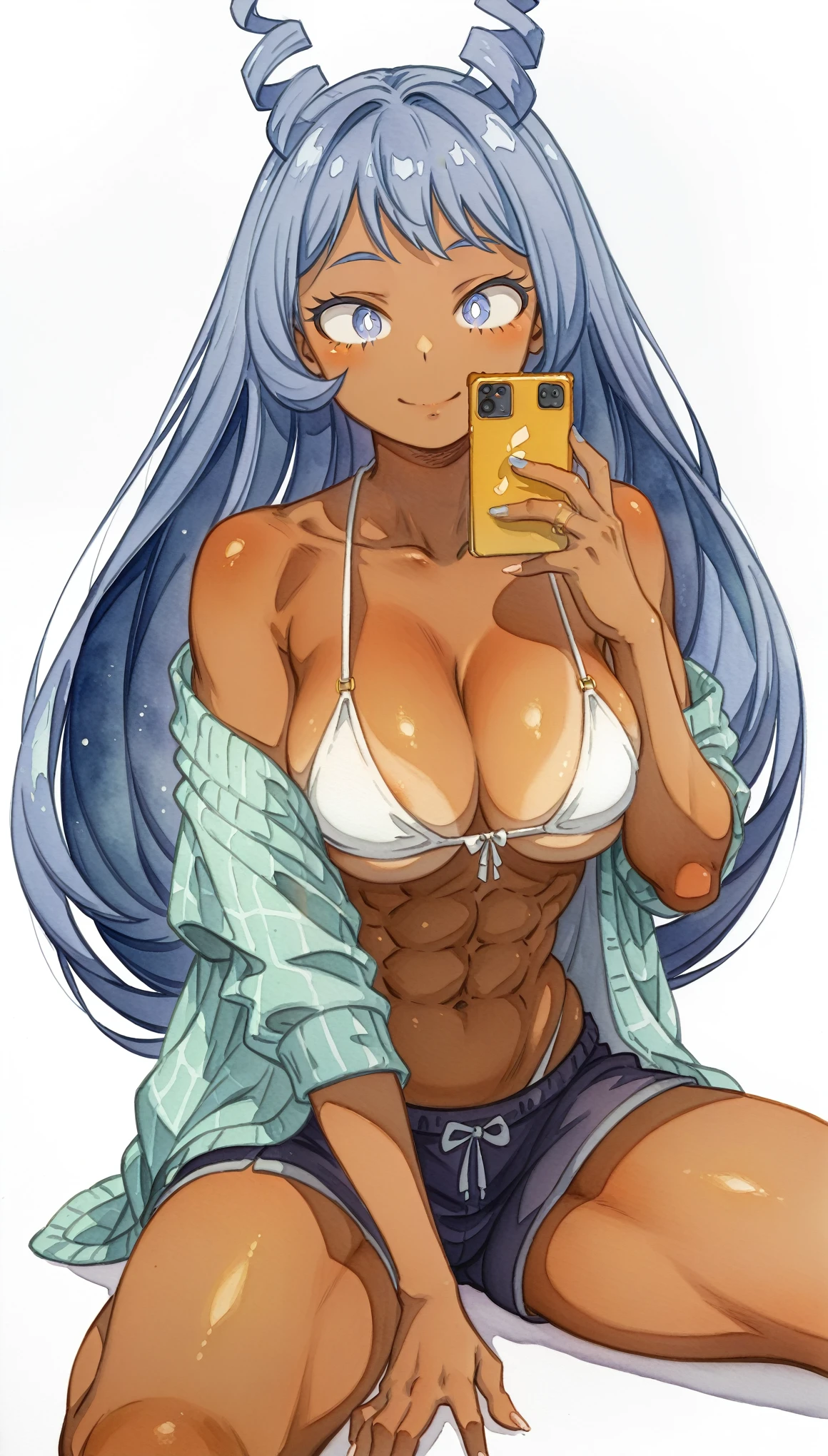 absurdres,, (1girl:1.2), (abs:1.23),huge_breasts、(dark_tanskin:1.3)unity Dynamism,forward leaning posture、(Blue hair)、spread legs、she looks away, Loose-fitting clothing、Blurred Background、Sagging breasts、Leaning forward,((manga style:1.23)) , 、(white background:1.5)、A happy look、Plump body、Sitting、Legs crossed、Watercolor、(Watercolor style:1.8),My Hero Academia、Nejire Hado,、バレーボールのユニフォーム、selfie:1.5