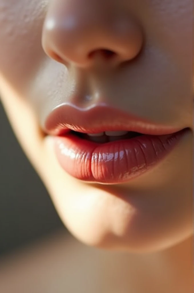 Create a realistic yet natural image, with half a face with lips after the Hydra lips gloss procedure