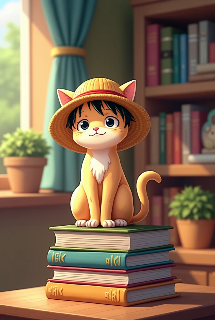 Oh soon (the house of anime) with kitty wearing Luffy hat sitting on anime books, behind a shelf with anime books
