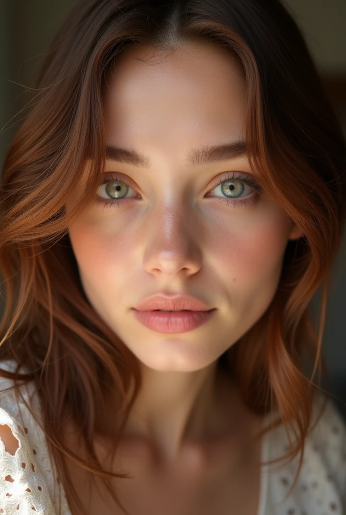 Face of a young and beautiful girl, chestnut, light-skinned woman taking a selfie very close to her face
