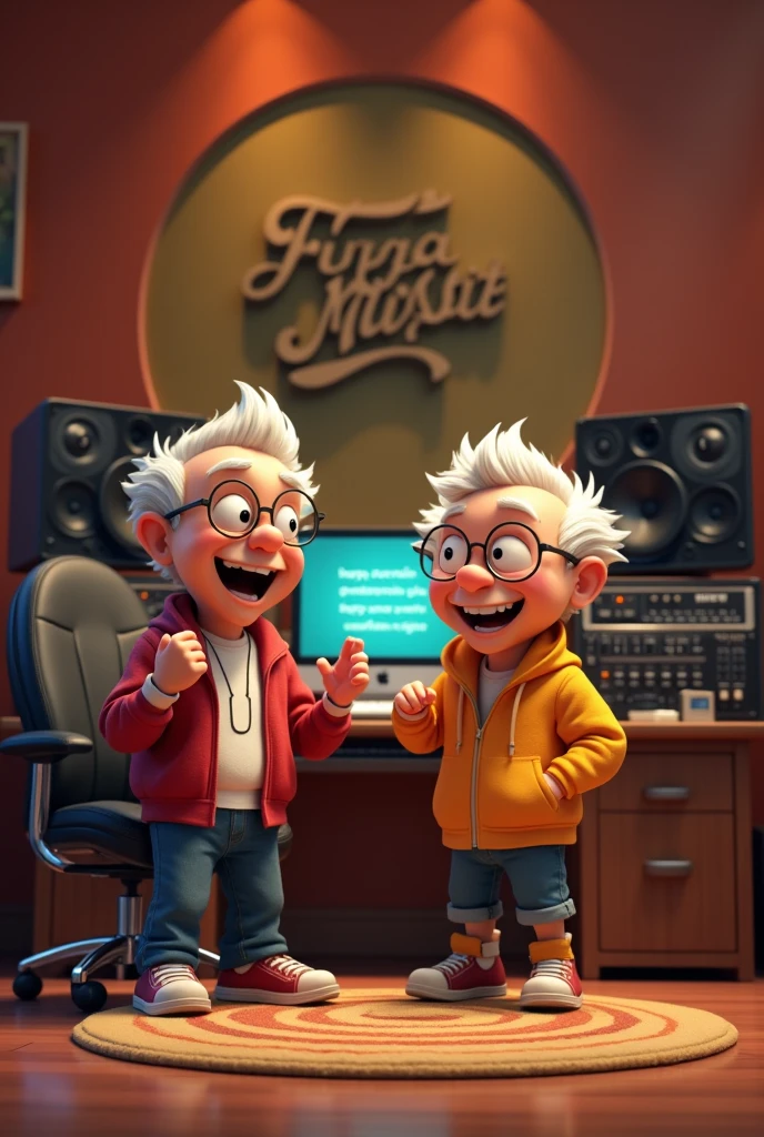 Animated pair of grandparents recording a hip hop song in a recording studio called fuga music with lyrics saying “happy grandparents day” and sign saying “fuga music”