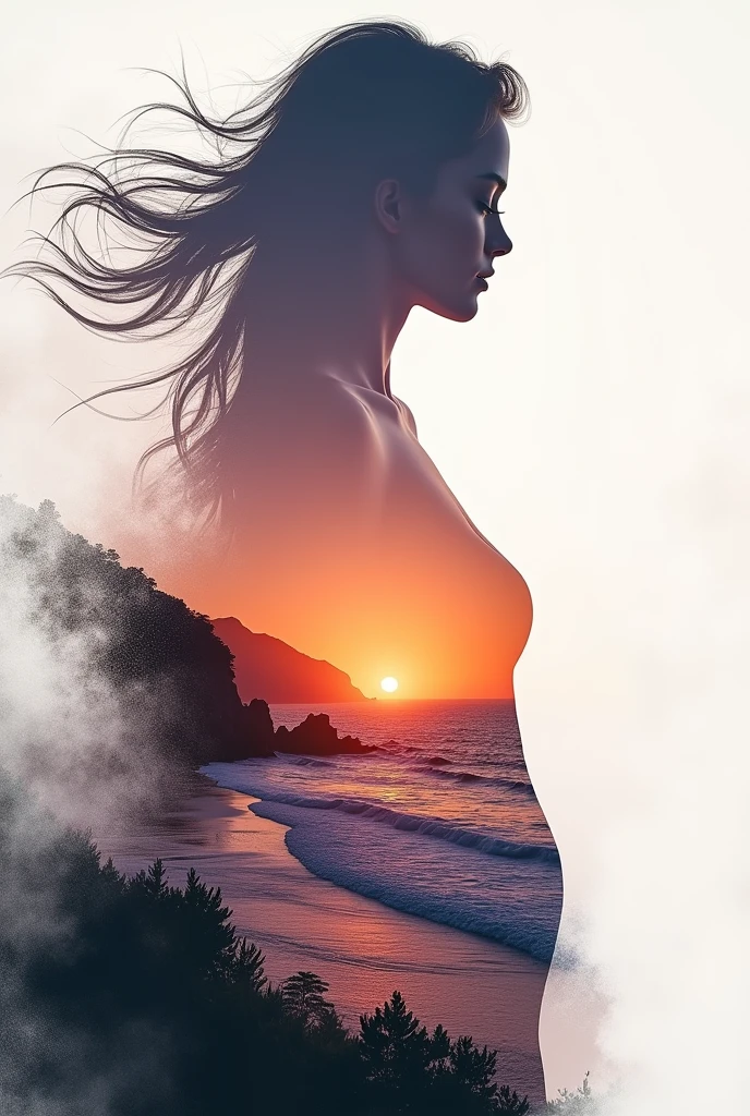 high quality, 8K Ultra HD, A beautiful double exposure that combines an goddess silhouette with sunset coast, sunset coast should serve as the underlying backdrop, with its details incorporated into the goddess , crisp lines, The background is monochrome, sharp focus, double exposure, by yukisakura, awesome full color,