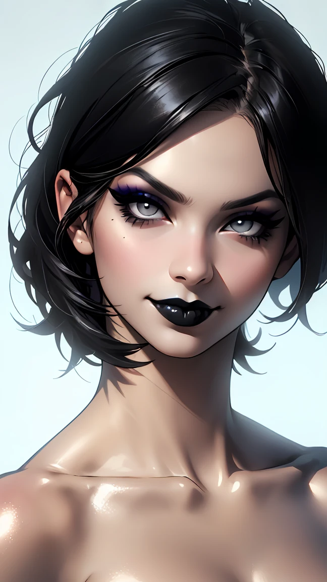 1girl, woman, black lipstick, eyeliner, eye shadow, smoky eyes, realistic lighting, short hair, flat chest, (naked), shiny skin, smug smirk