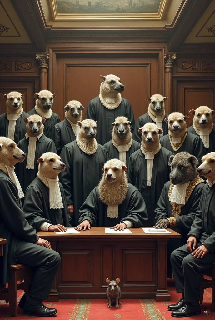 L’assemblée nationale française où les députés ont des têtes de vautours les magistrats en robe ont des têtes de babouins, le public des têtes d’oiseaux, les jurés des têtes de moutons, les accusés des têtes de chiens, les témoins des têtes de rongeurs et les avocats en robe des têtes de hyènes