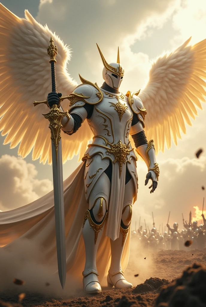 of a celestial knight with white armor with gold details and a long sword, with angel wings in a war scenario:
