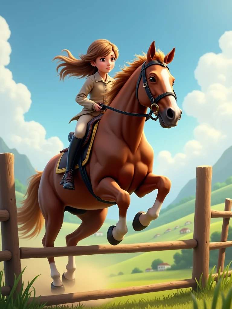 light brown haired girl riding on a brown horse's back, the horse jumps over an obstacle
