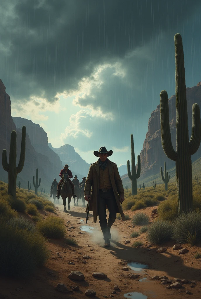 wild west sand shocked scaried people cowboy cactus sunset rainy weather mountains horses texas