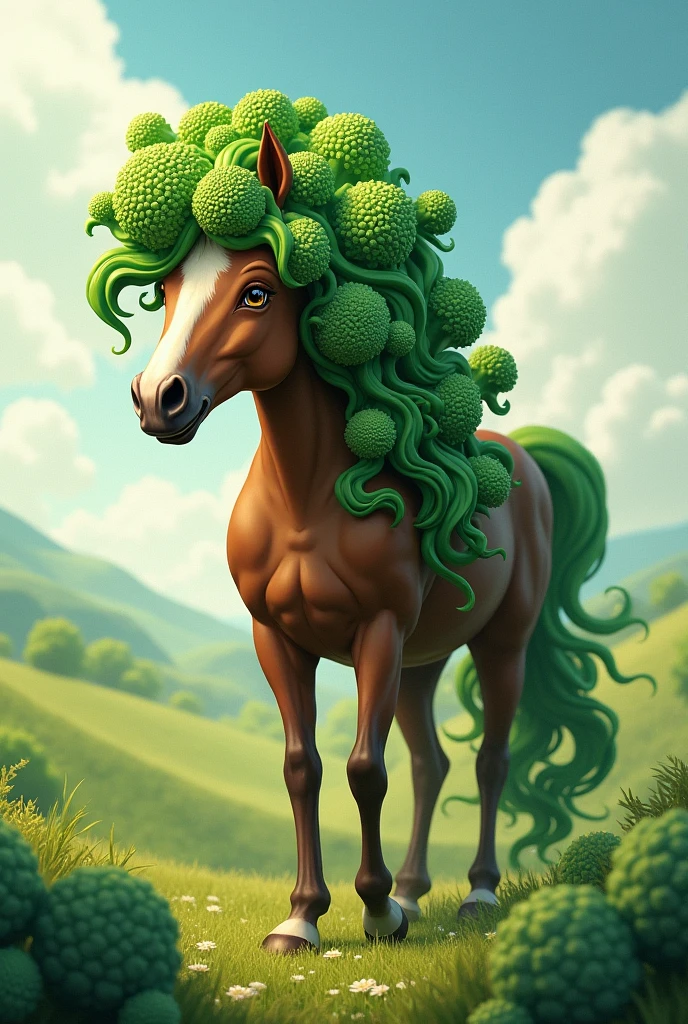 A horse with broccoli hair