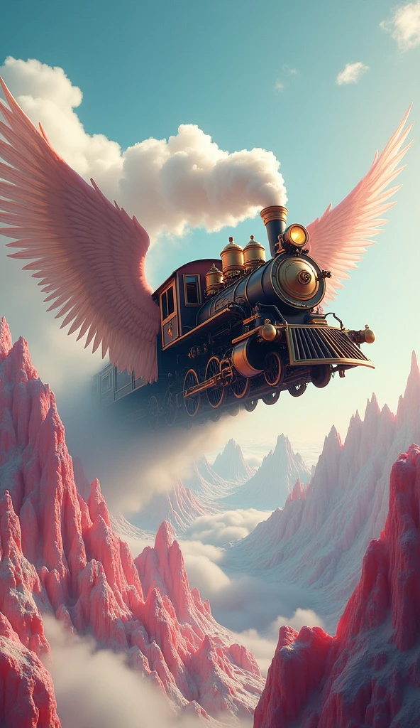 a surreal scene, a flying old train with wings, flight over mountains made from candy,  intricate gears and mechanical details, steam punk, vibrant colors, dramatic lighting, cinematic, highly detailed, photorealistic, (best quality,8k,highres,masterpiece:1.2),ultra-detailed,(realistic,photorealistic,photo-realistic:1.37),concept art