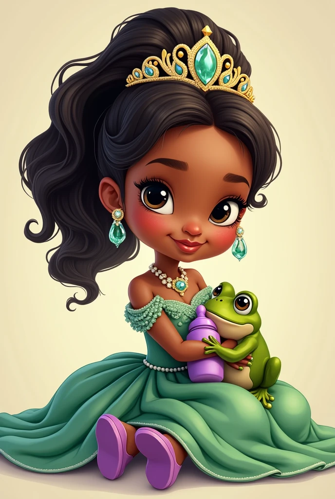 create an AI image of a princess with black skin, black tied hair with a beautiful hairstyle, a beautiful pair of earrings in her ears, she is wearing a green crown, green dress, she is sitting hugging a purple baby bottle and wears purple shoes , she has very expressive eyes and looks at the camera next to her there is a very smiling frog looking at her, image in high quality vector style Children's cartoon