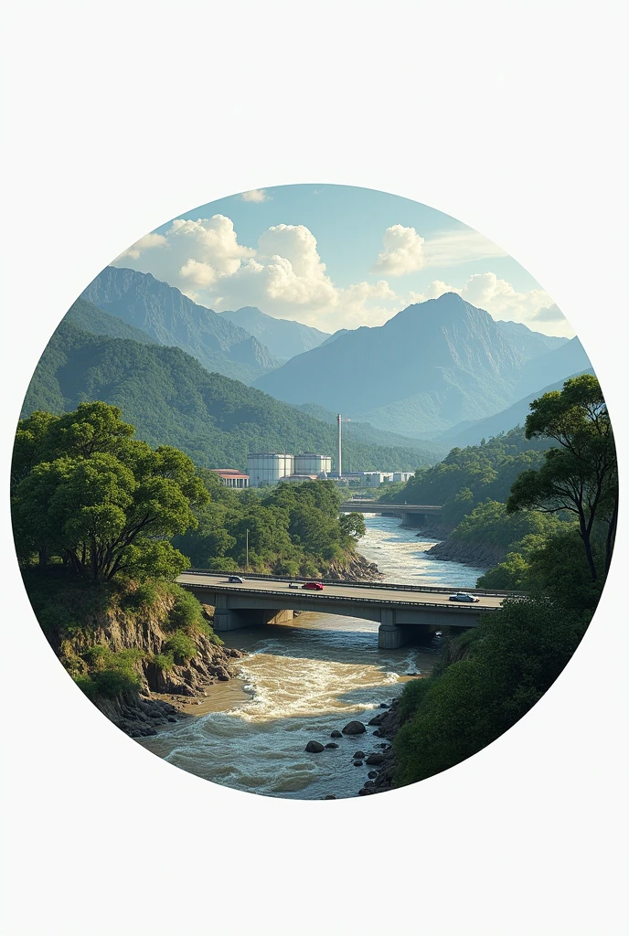 Create a circular badge. In the lower right corner of the circle, place the Paraíba do Sul River, full and with muddy water.. In the middle of the circle, from the bottom to the top, place the Highway with cars following the river in the same direction. In the lower left corner, place a Factory that is clearly highlighted.. In the upper part of the inner circle place the mountains of the peak of the black needles. In the lower left corner of the inside of the circle place the round hemlock forest.