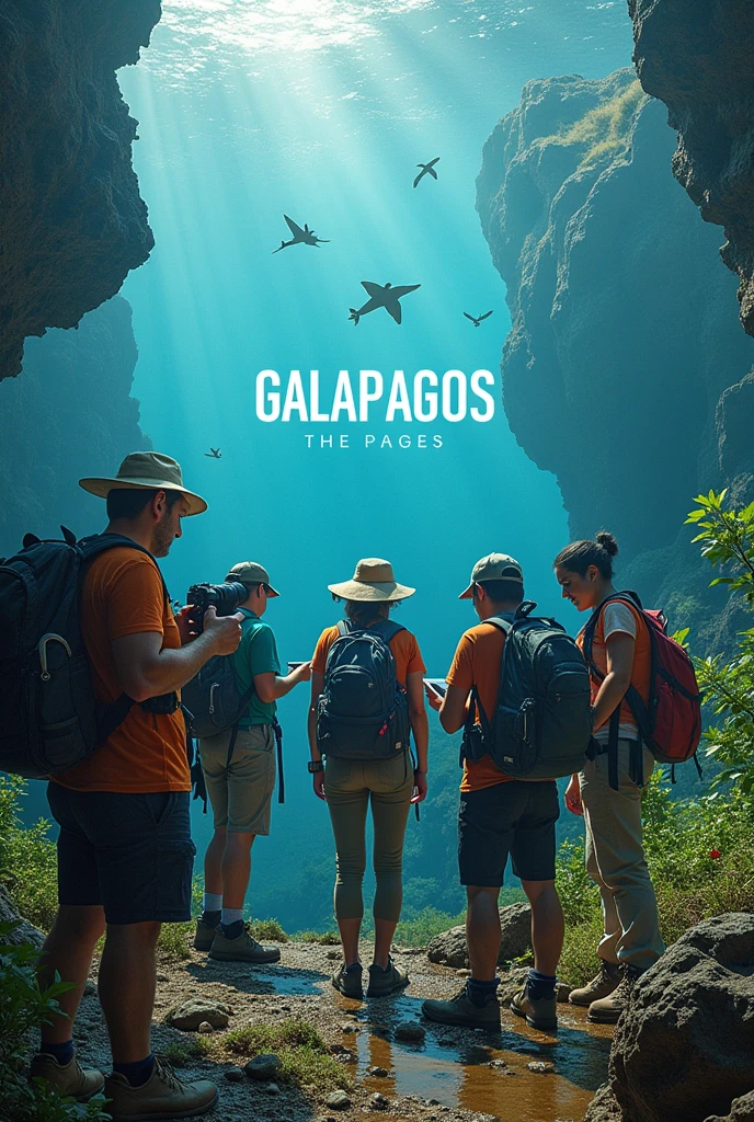 Take a picture of a group on a tour with innovative technology, in the Galapagos Islands of Ecuador now that says GALAPAGOS IN THE MIDDLE OF THAT SAME PHOTO
