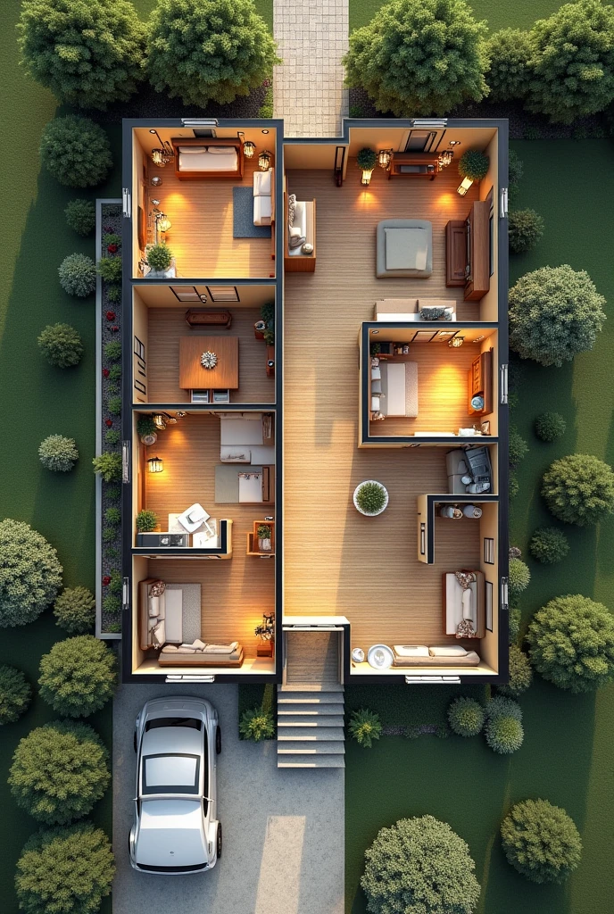 A house with: A room, A DINING ROOM, a kitchen, A bathroom, a laundry, a garage,quarter, quarter de invitados, y quarter de estudio