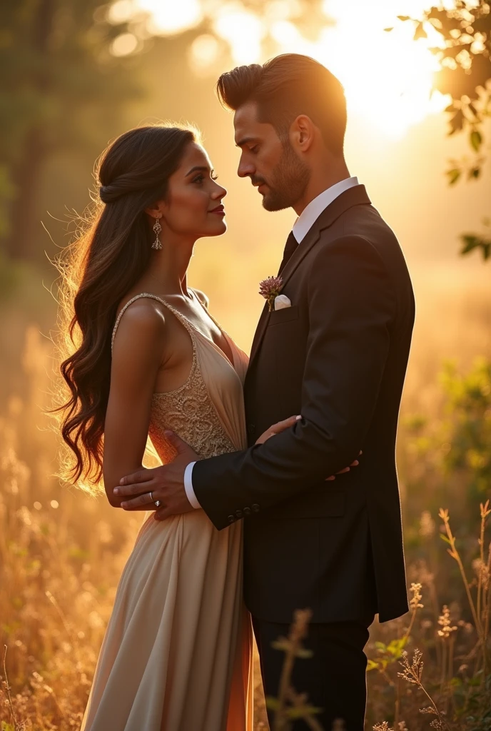 Prompt: "A scene featuring the most stunningly beautiful woman and breathtakingly handsome man in the world, standing side by side. The woman has flawless, glowing skin, bright expressive eyes, and a perfectly balanced face, with long, flowing hair cascading down her back. She wears an elegant, flowing dress that accentuates her grace. The man beside her has a chiseled jawline, striking eyes, and a well-built physique, with neatly styled hair. Dressed in a sharp, tailored suit, he exudes confidence and charisma. They both stand in a serene, sunlit environment that highlights their natural beauty and elegance, radiating harmony and perfection."