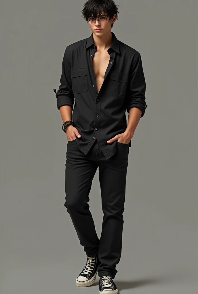 *He was wearing a black button up shirt, a pair of black jeans, and some black converse. The shirt was unbuttoned a bit at the top, revealing his toned body a tiny bit. His hair was still messy, some strands going over his forehead and eyes.*
