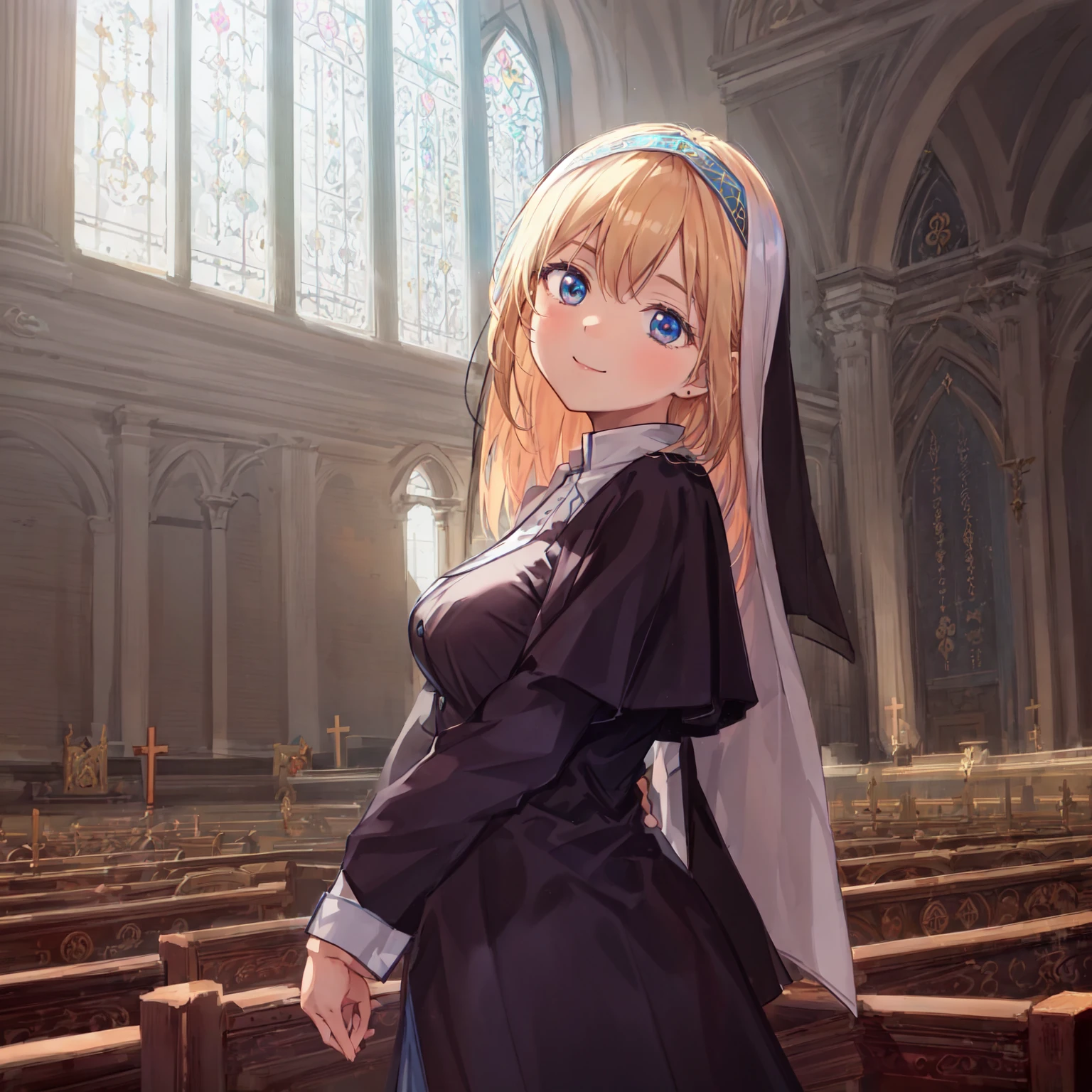 (pencil art:1.3),masterpiece, Highest quality,pastel color,church,dutch angle,Leaning forward,Monastic uniform,A loving smile,closed mouth,{{beautiful medium-sized breasts1:4}},{{beautiful blue eye1:4}},,(((Sacred))),Photoreal 1;4,{{blond hair}}, top quality, {{beautiful butt}}, cute girl, high quality background, BREAK, BREAK, 5 fingers