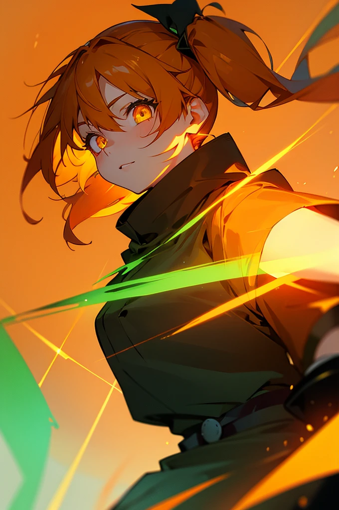 1 Girl、1、Orange Hair、glowing green eyes、Side Ponytail、Jack-o'-Lantern、Halloween、smile、Colorful starry sky、Iridescent aura、Purplish color、Outdoor、Shadow lighting