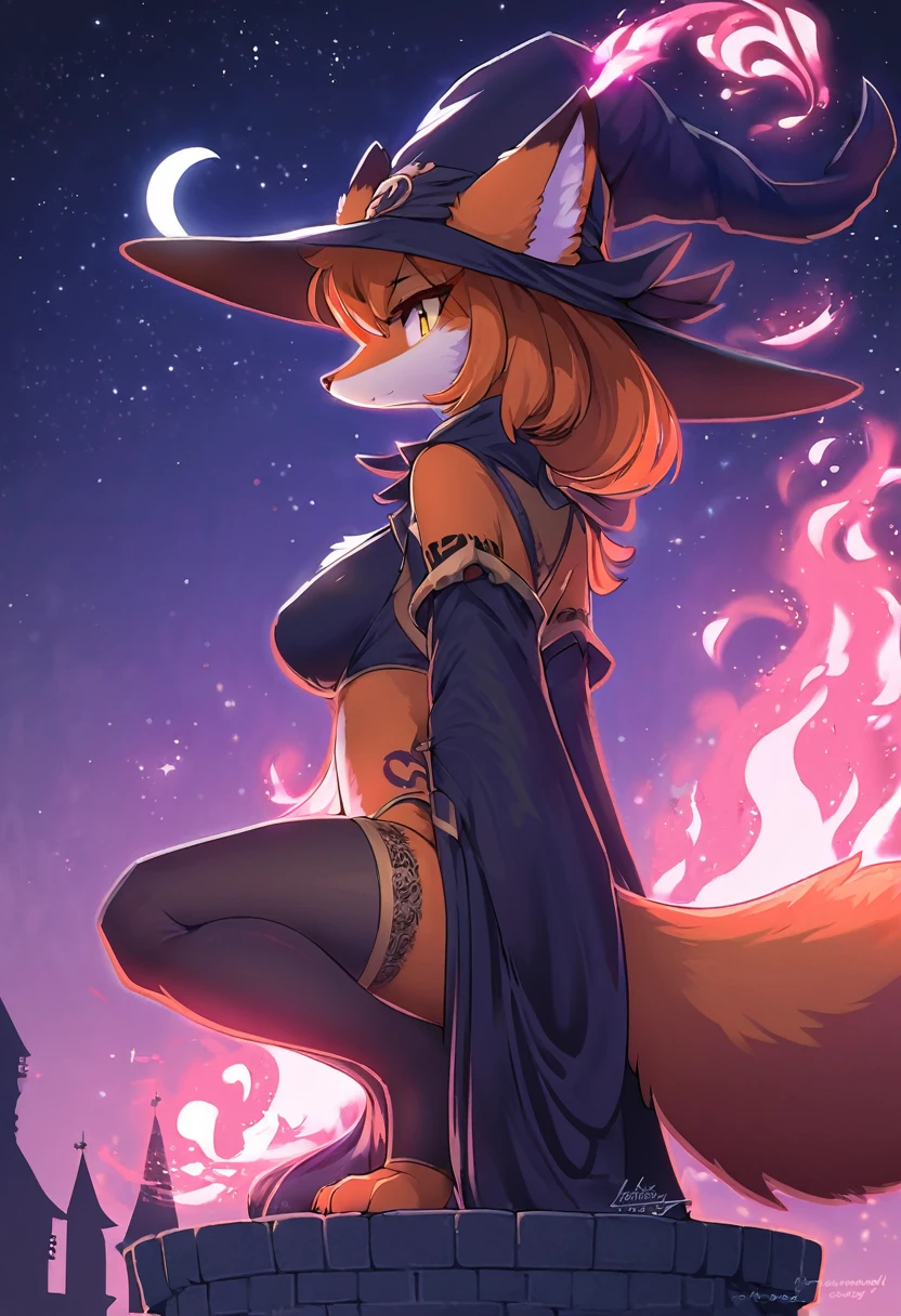 red fox, female, vixen, beautiful, hair, yellow eyes, full body, night, moody, elegant, mysterious, highres, unparalleled masterpiece, perfect artwork, absurdres, rzminjourney, vector-art, masterpiece)(kemono, furry anthro), tattoo on hips, side view, moon, beautiful night sky, stars, black night sky, crouching, wearing a sexy and elegant sorceress outfit, sexy thigh highs, wearing thigh highs, red and black outfit, dark outfit, classic witch outfit, foxy witch, casting purple magic, purple flame, kitsune, sexy body, voluptuous, on a tower, stone tower, medieval tower