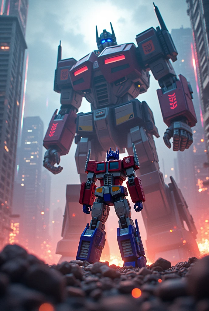 Real Optimus prime fighting a Jaegers with si fi background in 9:16 format
