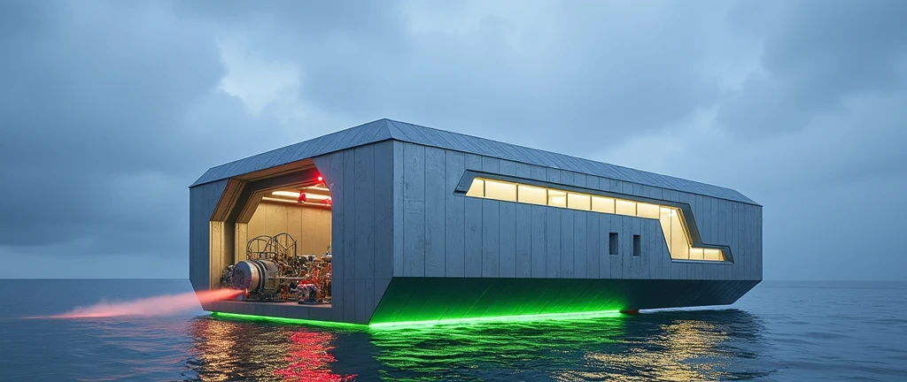 Black cube made of metallic materials with geometrically distributed panels which have slots from which green and red neon lights emerge, black sheet, Stainless steel, exposed mechanical elements, motor, gear, pipelines, cabling, turbojet thrusters, fire ejectors, levitating over the ocean.