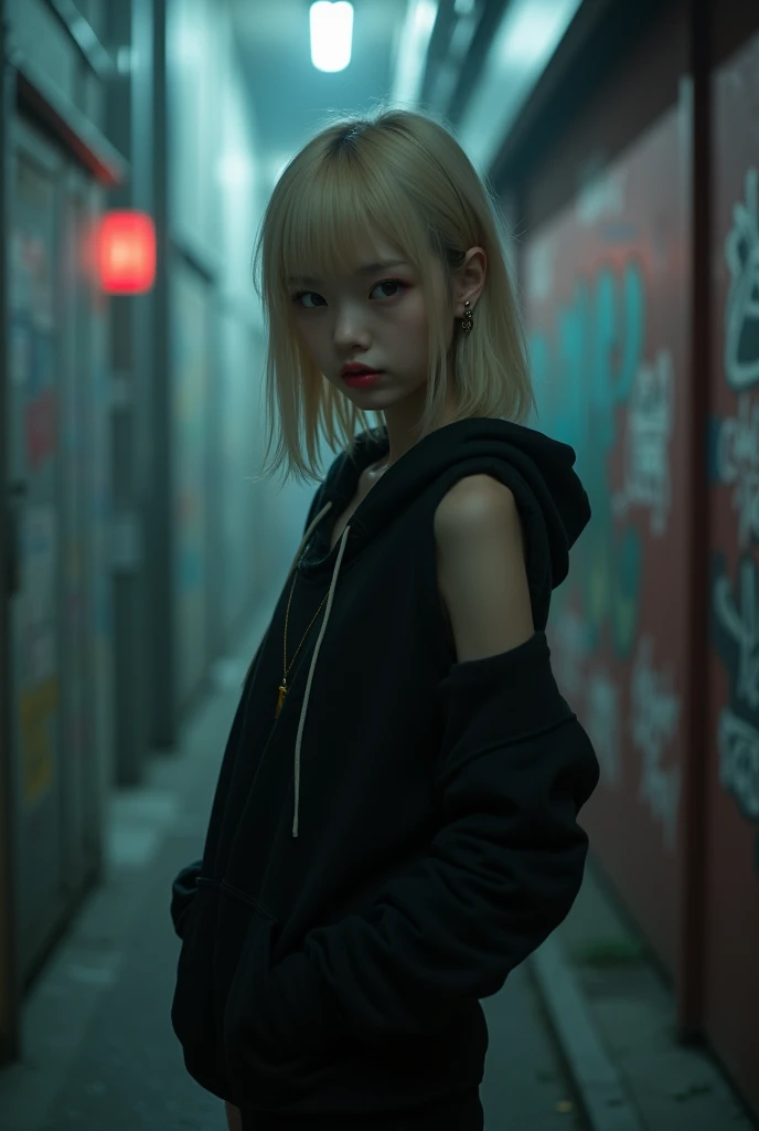 ((Biologically correct limb count))、(( Full-body photo including face))、4K、((Standing position))、masterpiece、((Focus on the face))、((Symmetrical facial features))、, (Natural skin texture, Eye for detailed depiction、 Hyperrealism, Sharpness), (Japanese teen girl in a dirty back alley At night, Put your hands in your pockets, graffitied wall:1.3),((black hoodie, Sleeveless, black jersey pants)), (Flat Chest:1.3, Pale skin:1.2, Slender body), ((Blonde Straight Hair, Blunt bangs)), (Attractive face, Provocative look, Lips parted:1.3, Sagging under the eyes:1.2, Red thick lips), graffiti:1.5, At night, Upper Body Shot、In a completely different expression。Eye for detailed depiction、Beautiful woman、Great style、Beautiful clavicle、Beautiful legs、Beautiful Hands、Slender body、(Small Ass、Thin thighs)、(Striped stockings、High heels)、Detailed depiction of the face、Small earrings、necklace、(Knit dress、(Check skirt))、Face close-up、Turn 1'look up、Look at me sideways、A bow tie、Nighttime hot springs、Super dense fog、