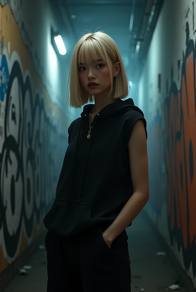 ((Biologically correct limb count))、(( Full-body photo including face))、4K、((Standing position))、masterpiece、((Focus on the face))、((Symmetrical facial features))、, (Natural skin texture, Eye for detailed depiction、 Hyperrealism, Sharpness), (Japanese girl in a dirty back alley At night, Put your hands in your pockets, graffitied wall:1.3),((black hoodie, Sleeveless, black jersey pants)), (Flat Chest:1.3, Pale skin:1.2, Slender body), ((Blonde Straight Hair, Blunt bangs)), (Attractive face, Provocative look, Lips parted:1.3, Sagging under the eyes:1.2, Red thick lips), graffiti:1.5, At night, Upper Body Shot、In a completely different expression。Eye for detailed depiction、Beautiful woman、Great style、Beautiful clavicle、Beautiful legs、Beautiful Hands、Slender body、(Small Ass、Thin thighs)、(Striped stockings、High heels)、Detailed depiction of the face、Small earrings、necklace、(Knit dress、(Check skirt))、Face close-up、Turn 1'look up、Look at me sideways、A bow tie、Nighttime hot springs、Super dense fog、