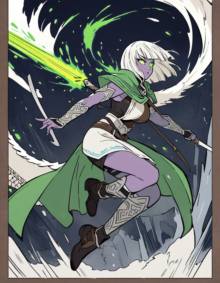 (Ultra-detailed face, looking away, Fantasy Illustration with Gothic, Ukiyo-e, Comic Art, Rich colors), 
BREAK 
(A female dark elf ranger is facing a white dragon in the midst of a blizzard. She runs, jumping and cutting at the White Dragon in a daring pose with a shortsword, both hands enchanted with green-glowing acid-enhancing magic.), 
BREAK 
(This is the extreme cold of the north. The trees in the forest have turned to ice, the starlust is falling, and the air is so cold that it glistens. Snow continues to fall and fresh snow piles high in the air.), 
BREAK 
(DarkElves: A middle-aged dark elf woman with silver color hair, blunt bangs, bob cut and dark purple color skin, lavender color eyes.), 
BREAK 
(DarkElves: A female dark elf ranger wears a full plate of mithril with runic reliefs and a short green cape.)