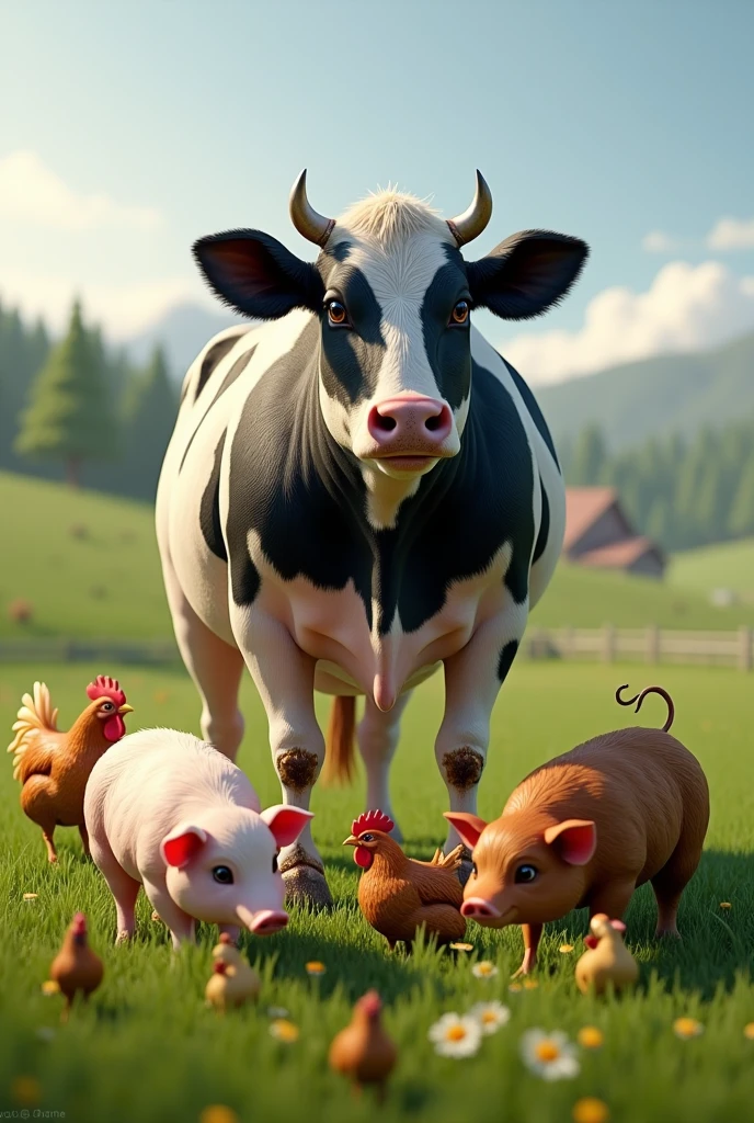 Stunning realistic brown bi-color cow with pigs, Chickens and hens on grass without flowers and pigs without flowers only grass