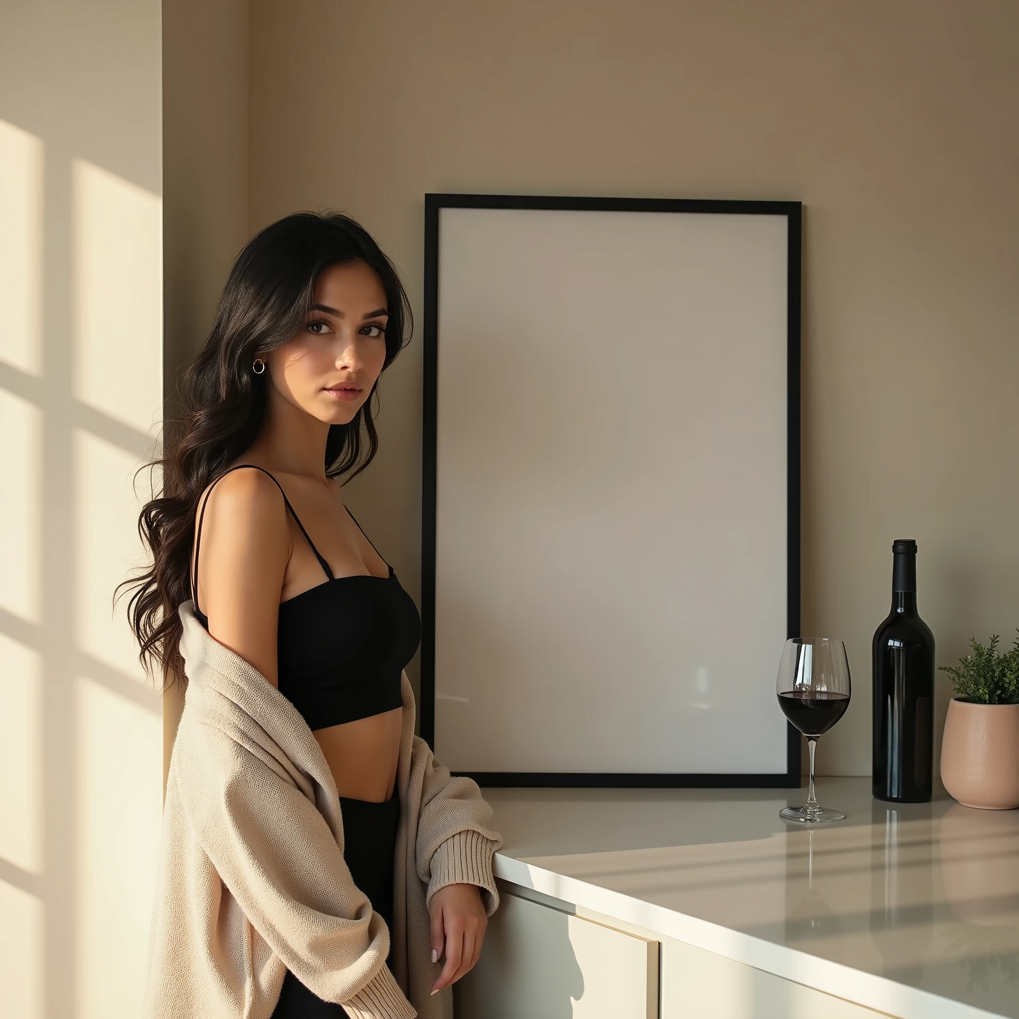 A beautiful young woman with long hair, dressed in a black crop top and a light beige open cardigan, stands beside the countertop of a sleek, modern kitchen. The kitchen has neutral-toned cabinetry and a minimalist aesthetic. A thin black frame with a DIN A aspect ratio hangs on the wall next to her, featuring a blank canvas that naturally reflects the ambient colors of the room. The frame is clearly in focus, unobstructed by any items, highlighting its clean and understated design. The bottle of wine and the glass are placed further down the counter, ensuring they do not block the frame. The lighting is soft, creating a warm, inviting atmosphere where every element is crisp and well-defined.