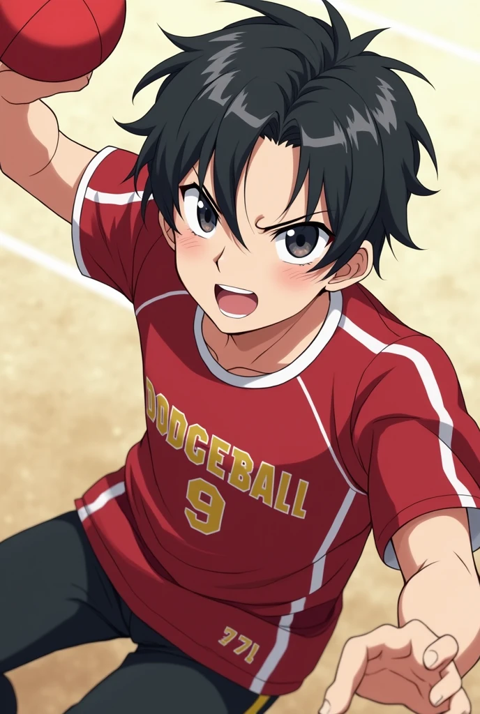 A male teenager wearing a Dodgeball team uniform, holding a small red dodgeball. her hair is black , short and combed down with some strands falling over the eyes, your skin is white and your eyes are black and small and serious. anime styling. He is a little tall and his eyes are serious. His face has a serious expression and the shape of his jaw is thin.. He is throwing the ball somewhere with great force