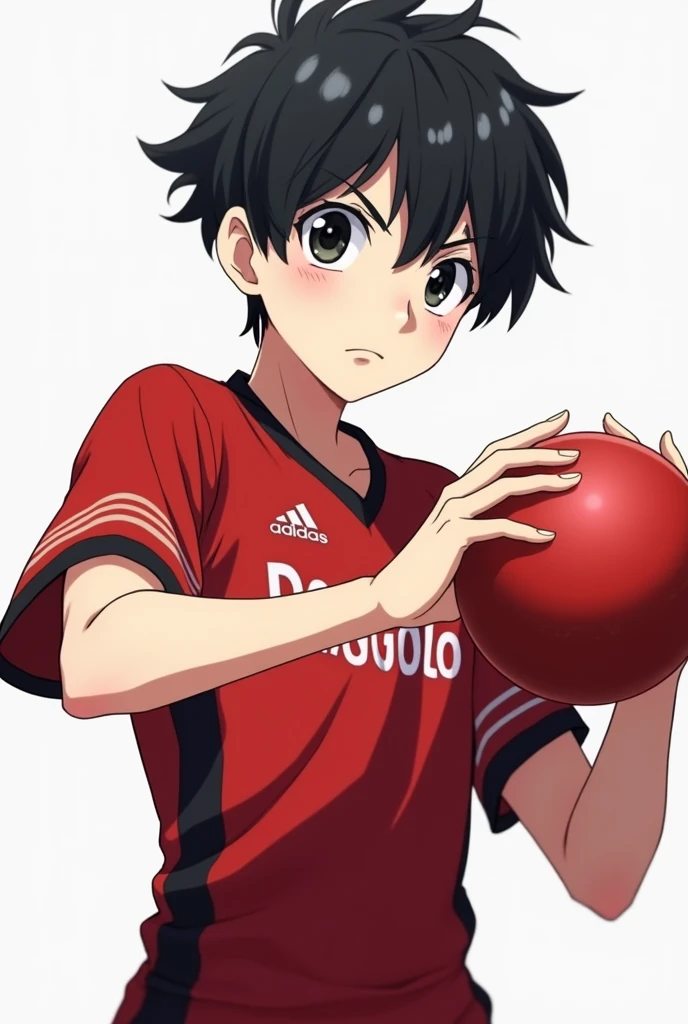 A male teenager wearing a Dodgeball team uniform, holding a small red dodgeball. her hair is black , short and combed down with some strands falling over the eyes, your skin is white and your eyes are black and small and serious. anime styling. He is a little tall and his eyes are serious. His face has a serious expression and the shape of his jaw is thin.. He is throwing the ball somewhere with great force