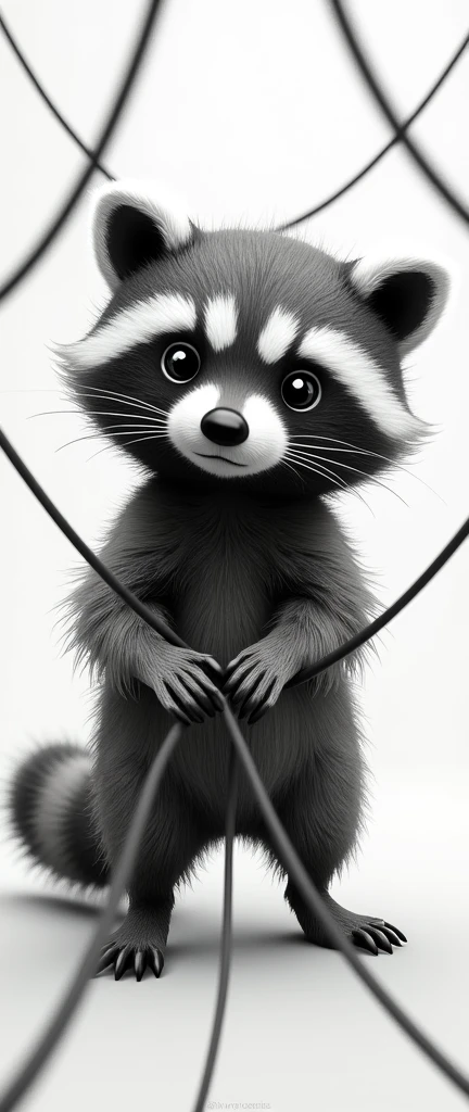 A captivating photograph of a cute extra fluffy baby realistic raccoon Abstract intersecting lines in different sizes, together creating the shape . black and white, conceptual art, 3d render, photo