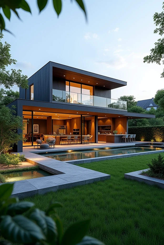 The project of a house on a 420 square meter plot. Modern two-story house. Grassy backyard with jacuzzi and garden, Gourmet area with barbecue and table to receive friends. Lighting in the garden and green area with hanging plants. 
