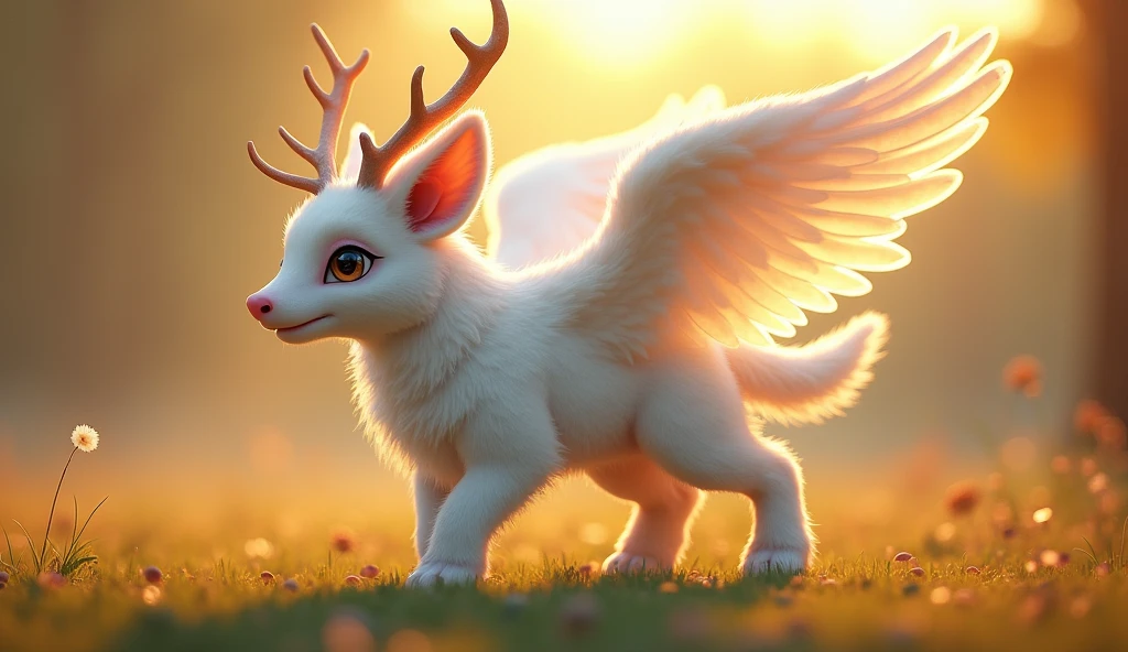 Her hangi bir hayvan, 32K UHD, warm tone, afternoon sunlight, white fur, pink snout, antlers, white wings, style raw,