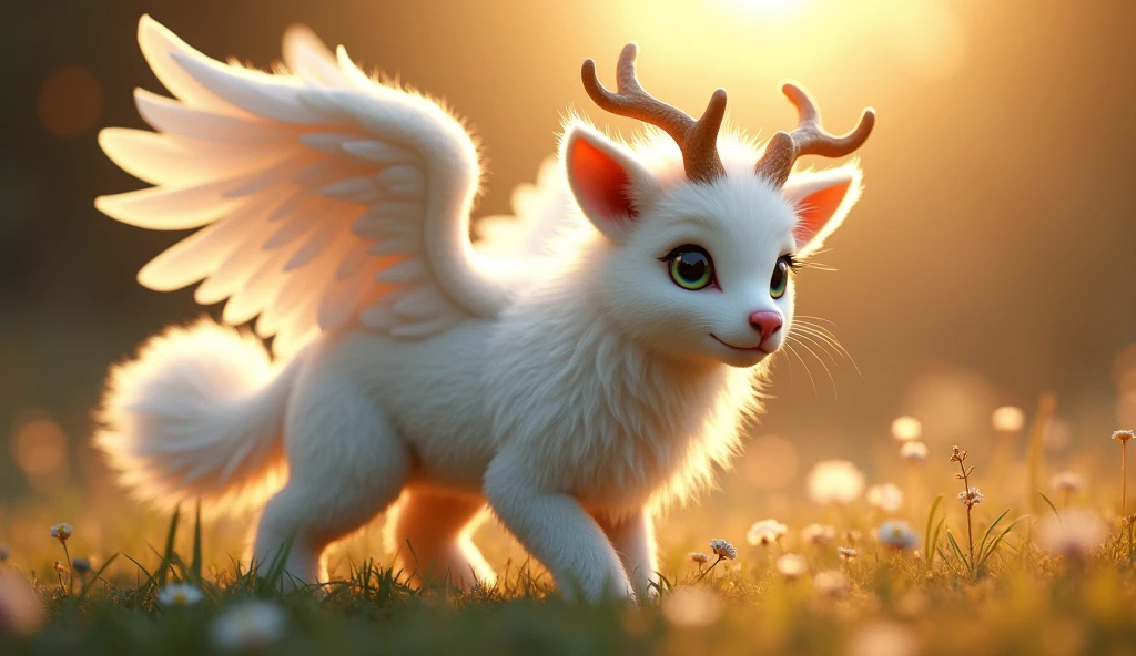 Her hangi bir hayvan, 32K UHD, warm tone, afternoon sunlight, white fur, pink snout, antlers, white wings, style raw,