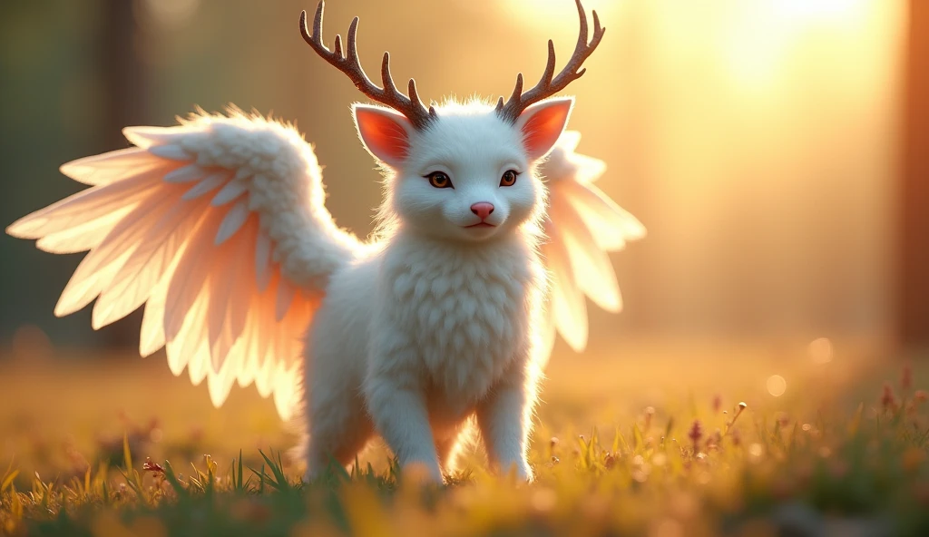 Her hangi bir hayvan, 32K UHD, warm tone, afternoon sunlight, white fur, pink snout, antlers, white wings, style raw,
