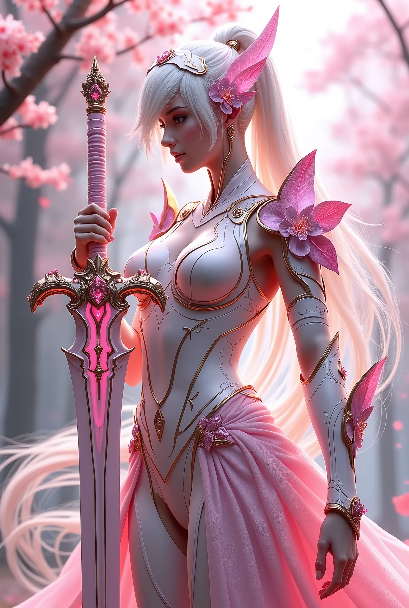 Sakurianas Warrior with the Sakura SwordThe tall, elegant warrior from the Sakurianas species is a vision of grace and power. She wears a unique armor made from a material that appears as delicate as Sakura petals but is 100 times stronger than diamond. The armor has a shimmering pink and white color scheme, resembling the natural hues of cherry blossoms. Intricate patterns of blooming Sakura flowers adorn the chest plate and shoulder guards, giving the armor an organic and fluid appearance. Her helmet, with a visor shaped like overlapping petals, completes the look, fitting perfectly to her form. Glowing pink veins of energy run through the armor, reflecting the regenerative and powerful nature of the wearer.In the warrior's hand is the Sakura Sword. This sword features a long, slightly curved blade forged from a pink metallic material that softly glows with a delicate aura. The blade is engraved with subtle designs of Sakura branches, which shimmer in shades of pink and gold as light hits it. The hilt is wrapped in pearl-white leather, adorned with rose gold accents, and at the base of the hilt, a small Sakura flower carved from rose quartz adds a final touch of elegance. The minimalist guard of the sword, decorated with small pink crystals, echoes the delicate branches of a cherry blossom tree.