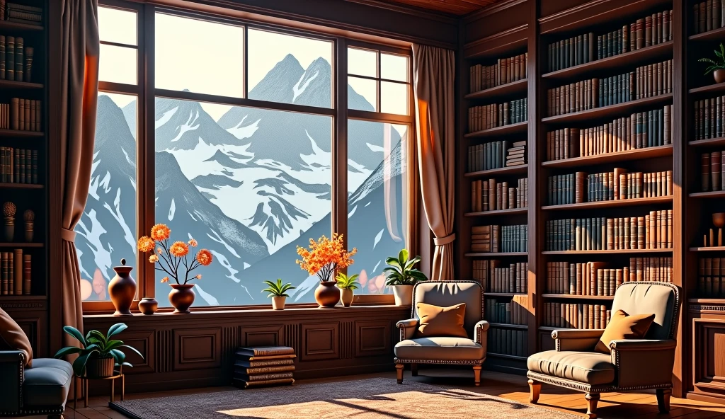 a bookshelf in a study room,snow covered mountains outside the window,sunlight streaming through the window,detailed interior, dramatic lighting,moody atmosphere,warm colors,photorealistic,highly detailed,8k